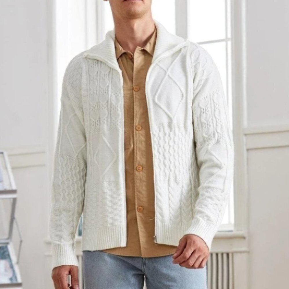 Casual Cable Knit Men's Cardigan w/Turtle Neck & D